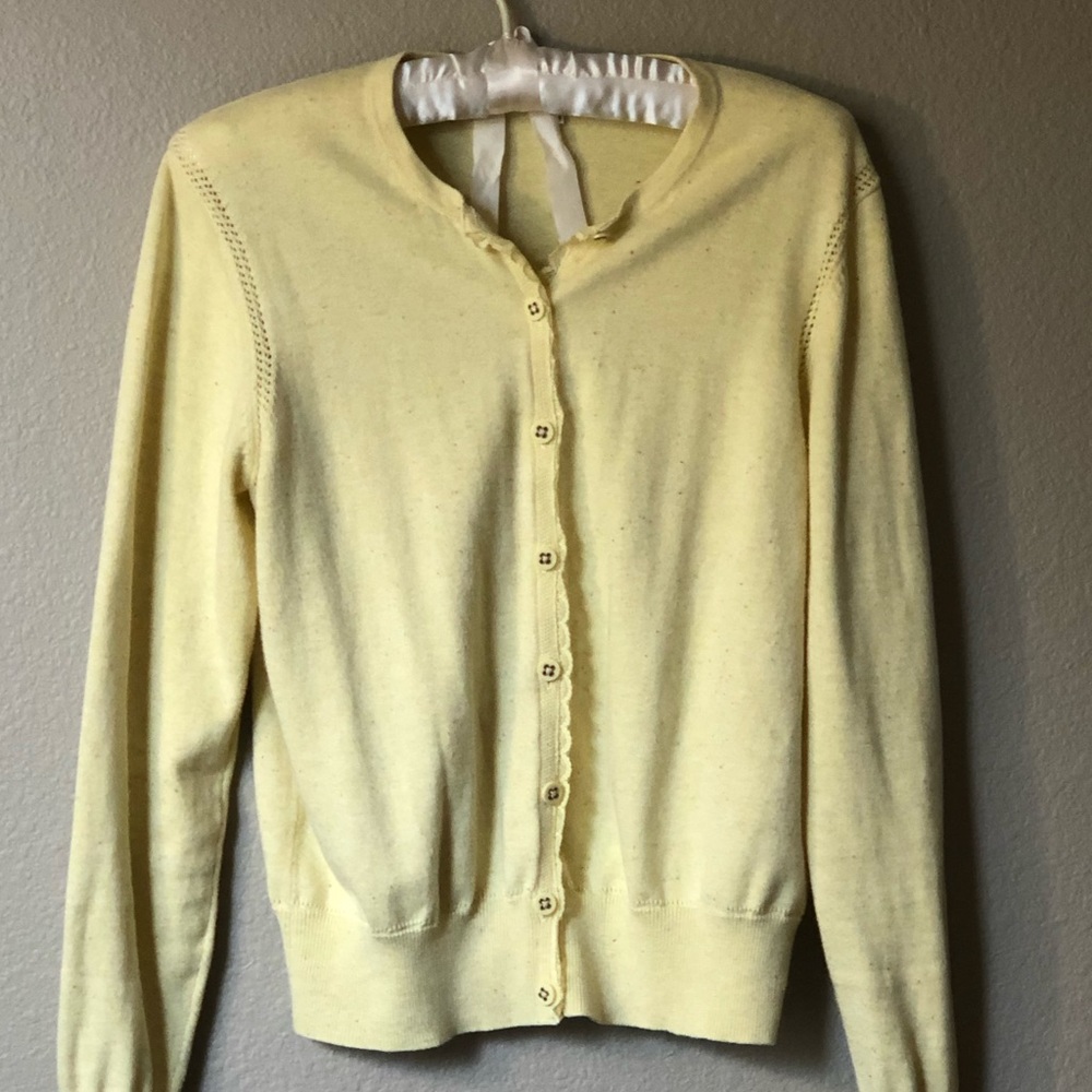 Light yellow CAbi cardigan with lace detail